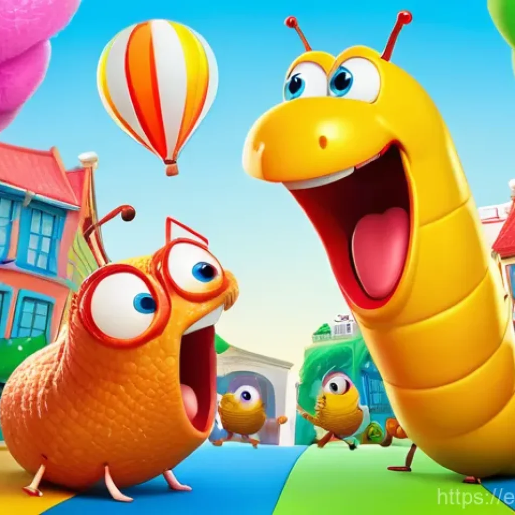 라바의 성공이 한국 콘텐츠 산업에 미친 영향 - **Prompt: Global Laughter Unites**
    "Two animated worms, one red and one yellow, with exaggerated...