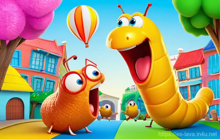 라바의 성공이 한국 콘텐츠 산업에 미친 영향 - **Prompt: Global Laughter Unites**
    "Two animated worms, one red and one yellow, with exaggerated...