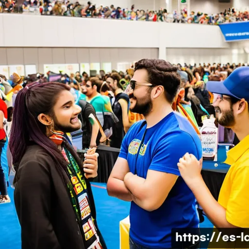 라바 팬들을 위한 커뮤니티 이벤트 - A vibrant fan convention scene set in a large, well-lit convention center in a Spanish city, with di...