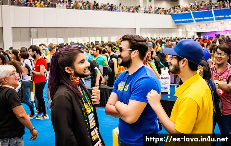 라바 팬들을 위한 커뮤니티 이벤트 - A vibrant fan convention scene set in a large, well-lit convention center in a Spanish city, with di...