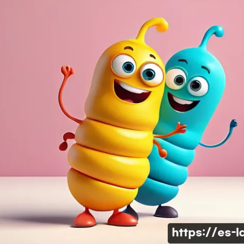 라바의 제작진 인터뷰 주요 내용 - A vibrant 3D scene featuring two cartoonish larva characters in bright, expressive colors, showcasin...