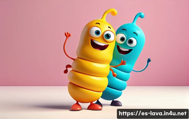 라바의 제작진 인터뷰 주요 내용 - A vibrant 3D scene featuring two cartoonish larva characters in bright, expressive colors, showcasin...
