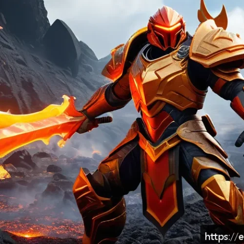 라바 관련 공식 게임 소개 - A dynamic fantasy battle scene in a volcanic landscape, featuring four distinct characters from the ...