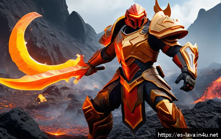 라바 관련 공식 게임 소개 - A dynamic fantasy battle scene in a volcanic landscape, featuring four distinct characters from the ...