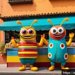 라바 해외 더빙의 특징 - A colorful and lively scene featuring two cartoon insect characters inspired by the style of Larva, ...