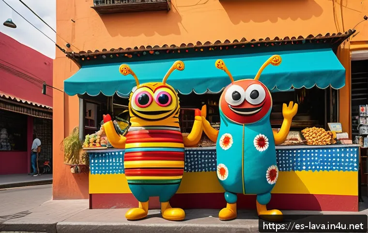 라바 해외 더빙의 특징 - A colorful and lively scene featuring two cartoon insect characters inspired by the style of Larva, ...
