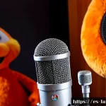 라바 캐릭터 성우 정보 - Photorealistic professional voice-recording studio in Madrid, a cheerful adult Spanish voice actor p...