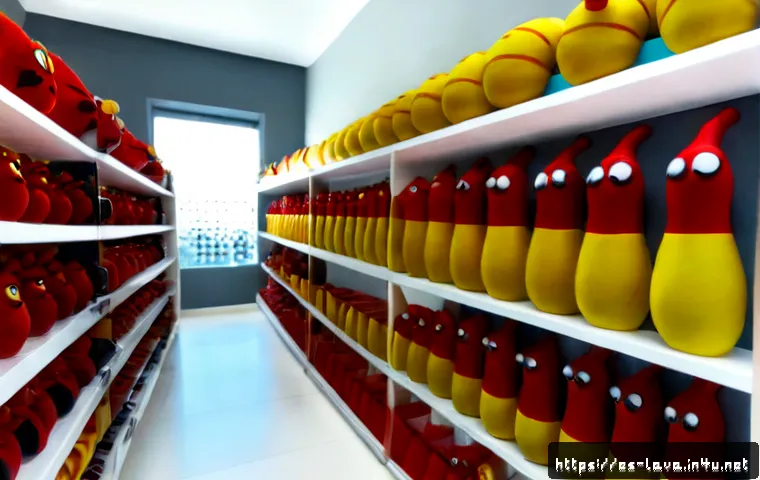 Home 17 라바 관련 신규 굿즈 트렌드 - Photorealistic retail display of trendy red and yellow cartoon caterpillar-inspired collectible figu...