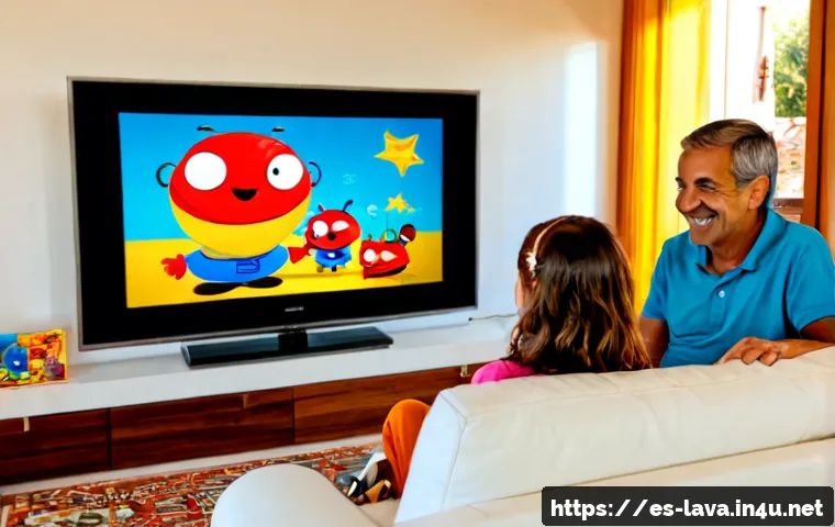 라바와 넷플릭스의 협업 효과 - Photorealistic Spanish family living room in Barcelona at sunset, grandparents and two children smil...